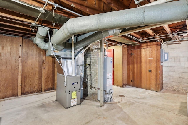 basement featuring water heater and electric panel