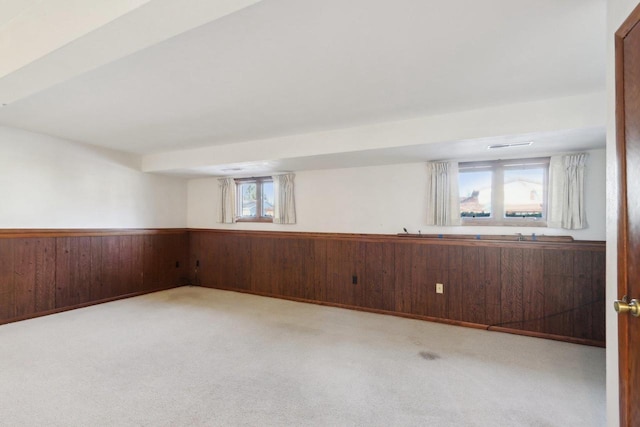 spare room featuring wooden walls, light carpet, and a wealth of natural light