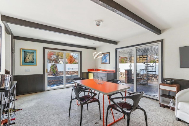 dining room with a wealth of natural light, beamed ceiling, light colored carpet, and wood walls