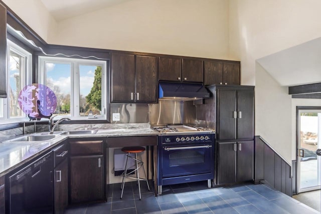 kitchen with dishwasher, dark brown cabinetry, sink, and high end stove