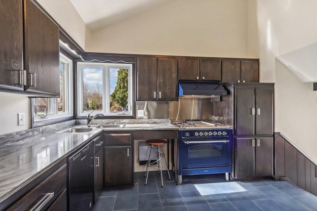 kitchen featuring dishwasher, dark brown cabinetry, vaulted ceiling, and stainless steel stove