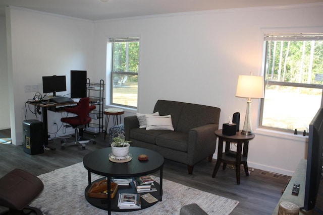 living room featuring ornamental molding, plenty of natural light, and hardwood / wood-style flooring