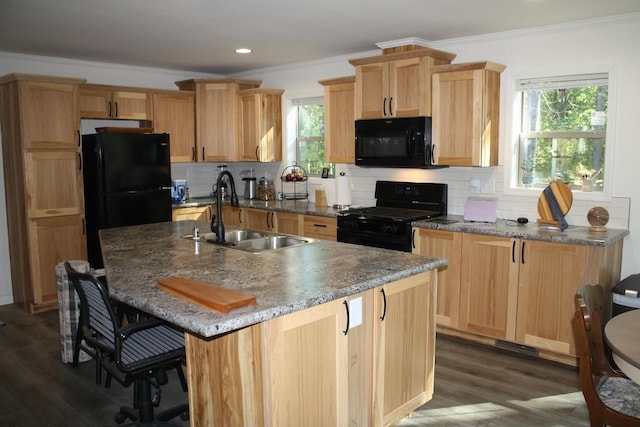 kitchen featuring a kitchen island with sink, plenty of natural light, sink, and black appliances