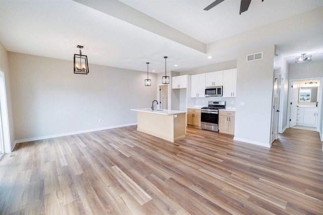 889 Red Hawk Dr, Milton, WI 53563 - kitchen featuring stainless steel appliances, open floor plan, recessed lighting, a ceiling fan, and light wood-type flooring