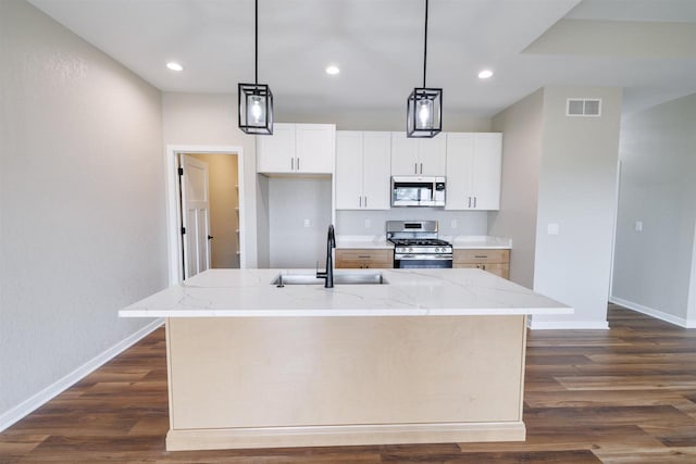 889 Red Hawk Dr, Milton, WI 53563 - kitchen featuring stainless steel appliances, light stone counters, dark wood finished floors, white cabinets, and recessed lighting