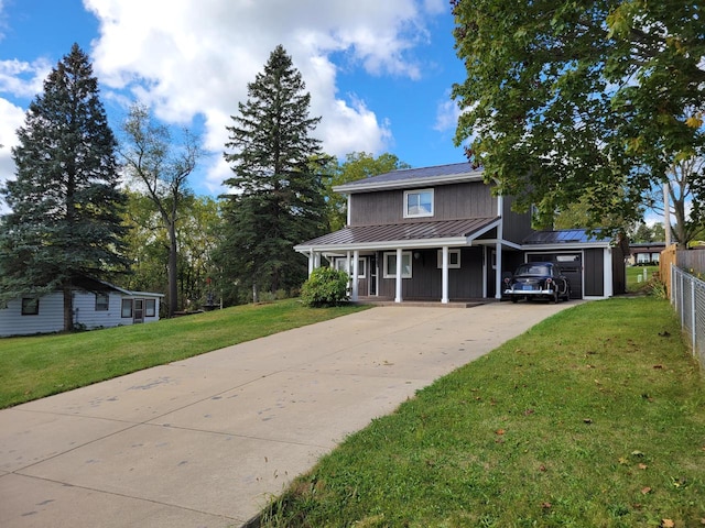 view of front of house with a porch and a front lawn