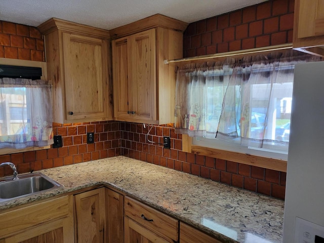 kitchen featuring decorative backsplash, sink, and light stone counters