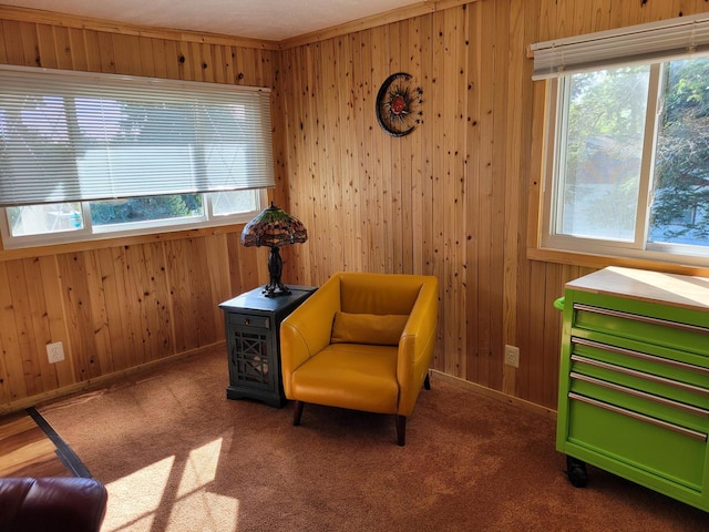 living area featuring a wealth of natural light, wood walls, and carpet floors