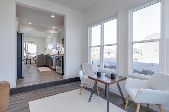 1295 Stonehaven Dr, Sun Prairie, WI 53590 - living area featuring dark wood-type flooring, baseboards, and recessed lighting