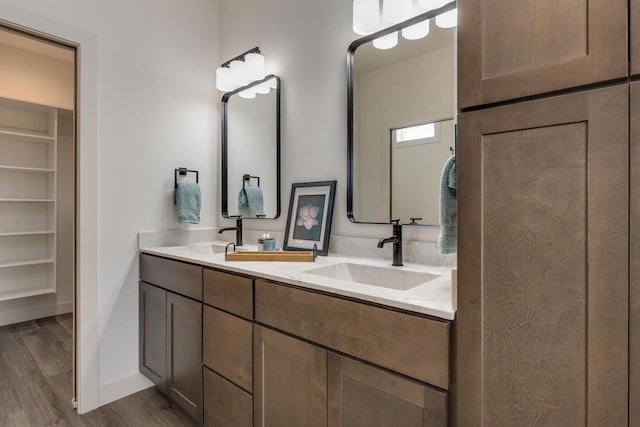 1295 Stonehaven Dr, Sun Prairie, WI 53590 - bathroom with wood finished floors, double vanity, a sink, and a spacious closet