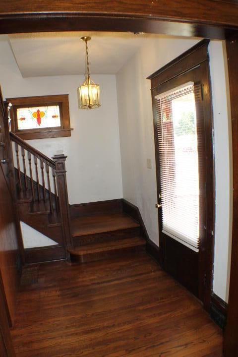 foyer entrance with dark wood-type flooring and a notable chandelier