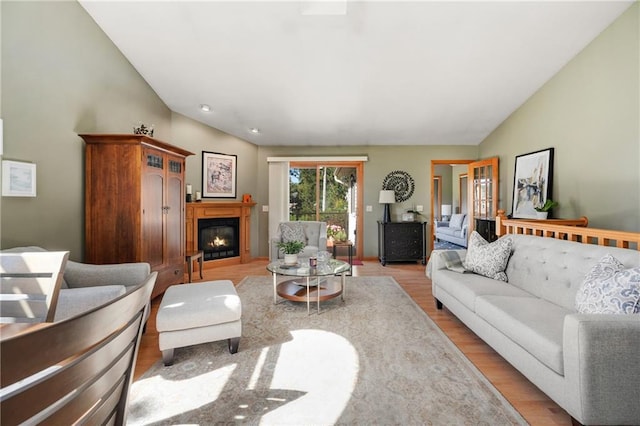 living room with light hardwood / wood-style flooring and vaulted ceiling