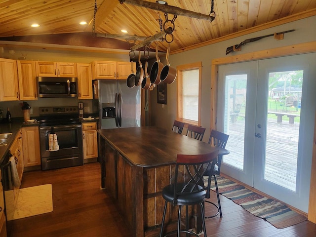 kitchen with wood ceiling, dark hardwood / wood-style floors, lofted ceiling, black appliances, and french doors