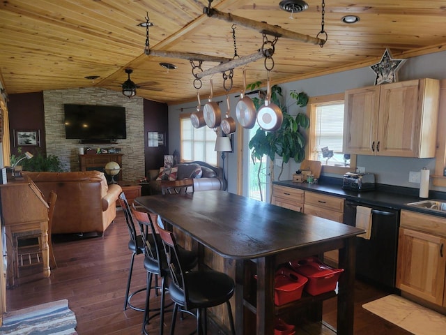 kitchen featuring wood ceiling, light brown cabinetry, black dishwasher, vaulted ceiling, and dark hardwood / wood-style flooring