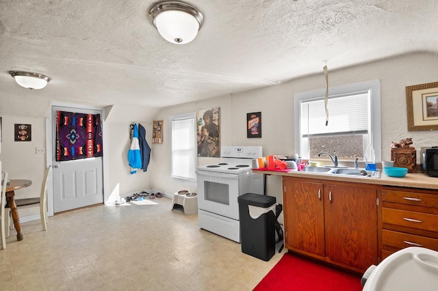 kitchen featuring a textured ceiling, a wealth of natural light, sink, and white range with electric stovetop