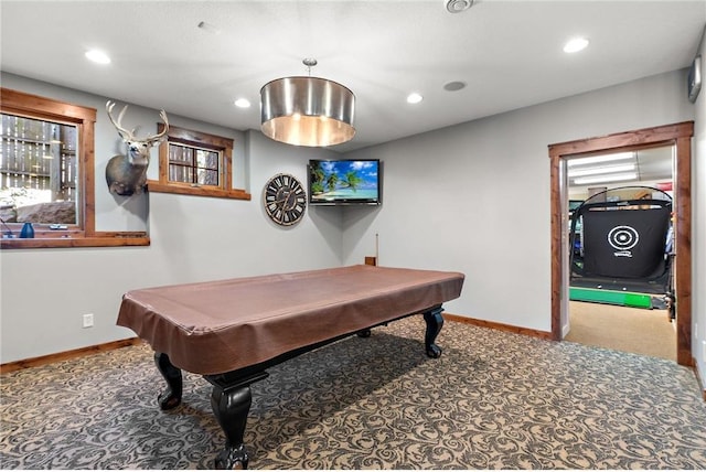 recreation room with pool table and carpet floors