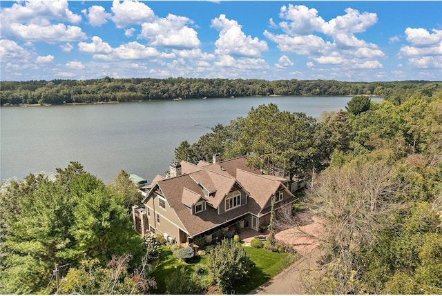 aerial view featuring a water view