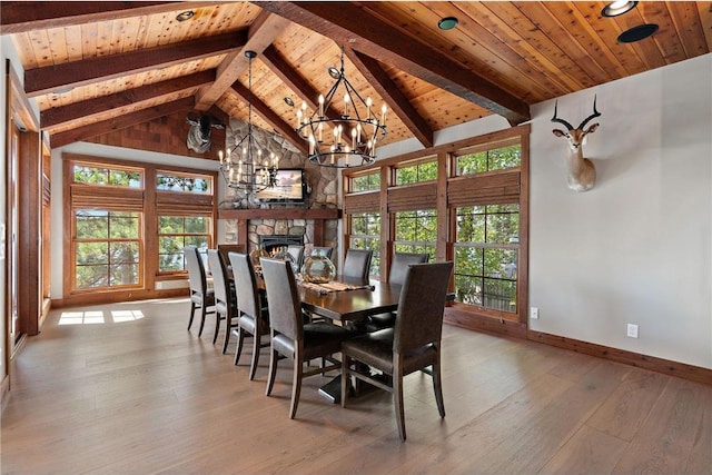 unfurnished dining area featuring vaulted ceiling with beams, wood ceiling, wood-type flooring, a stone fireplace, and a notable chandelier