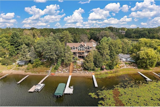 drone / aerial view with a water view