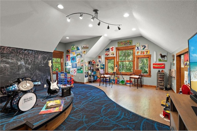 recreation room featuring vaulted ceiling, a textured ceiling, and hardwood / wood-style floors