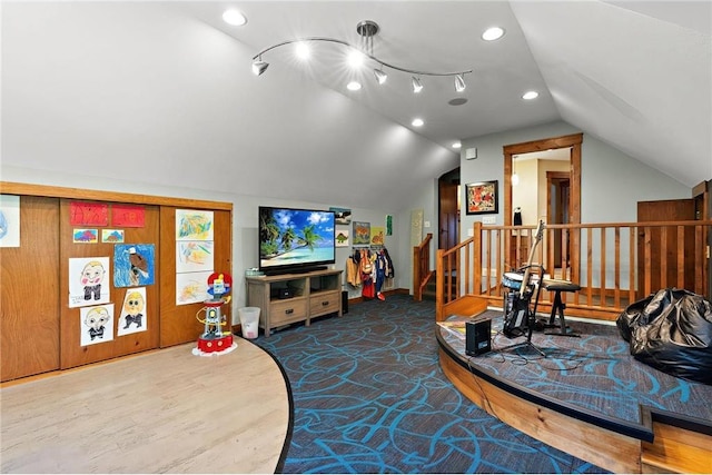 living room with wood-type flooring and vaulted ceiling