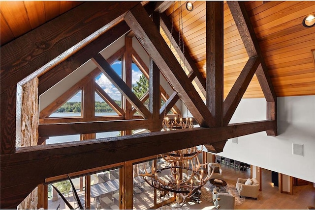 details with wood-type flooring, beamed ceiling, an inviting chandelier, and wooden ceiling