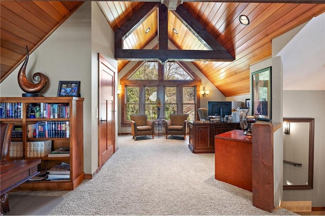 carpeted office space with high vaulted ceiling, beamed ceiling, and wooden ceiling