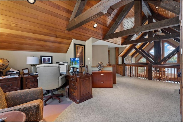 carpeted office featuring vaulted ceiling with beams, ceiling fan, and wooden ceiling