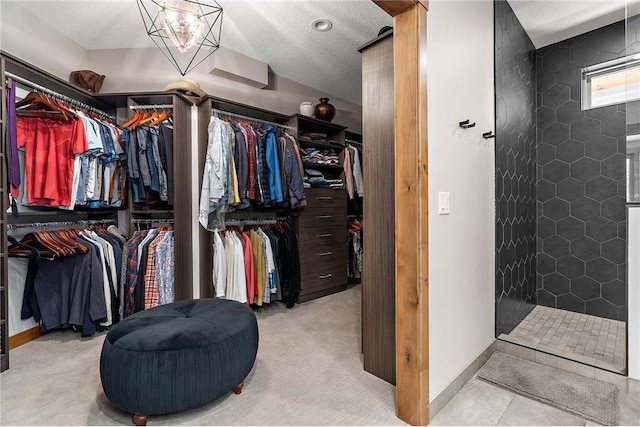 walk in closet with light colored carpet