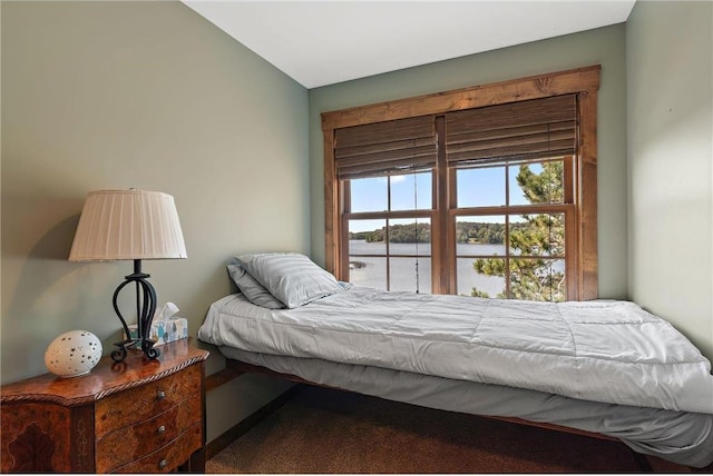 bedroom featuring lofted ceiling, carpet flooring, and a water view