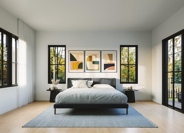 bedroom featuring access to outside and light hardwood / wood-style flooring