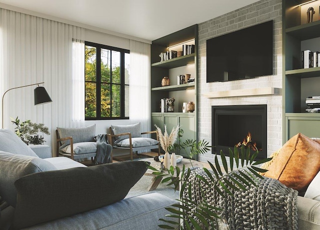 living room with a brick fireplace and built in shelves