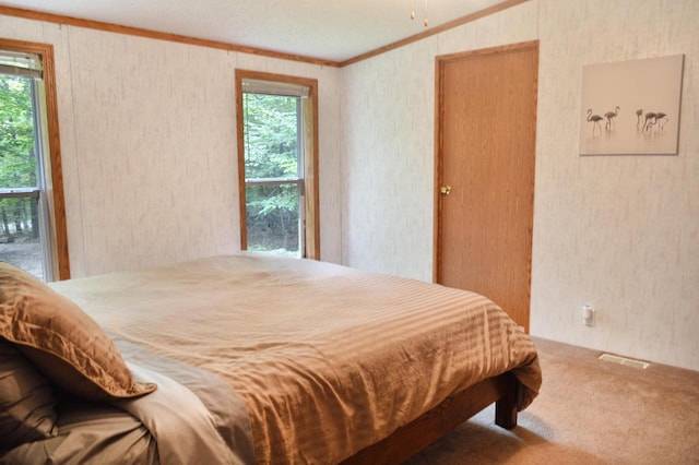 bedroom with carpet floors, lofted ceiling, ornamental molding, and multiple windows