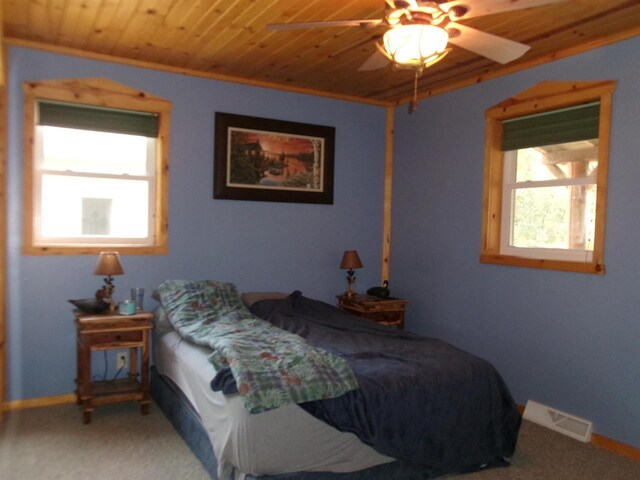 bedroom featuring ceiling fan, carpet flooring, and wooden ceiling