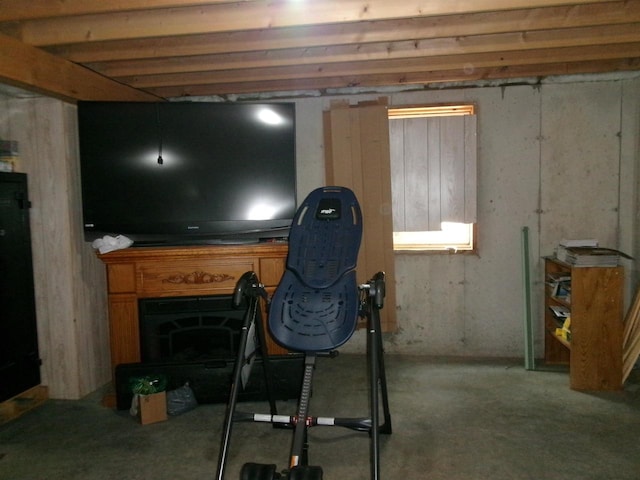 basement featuring a fireplace