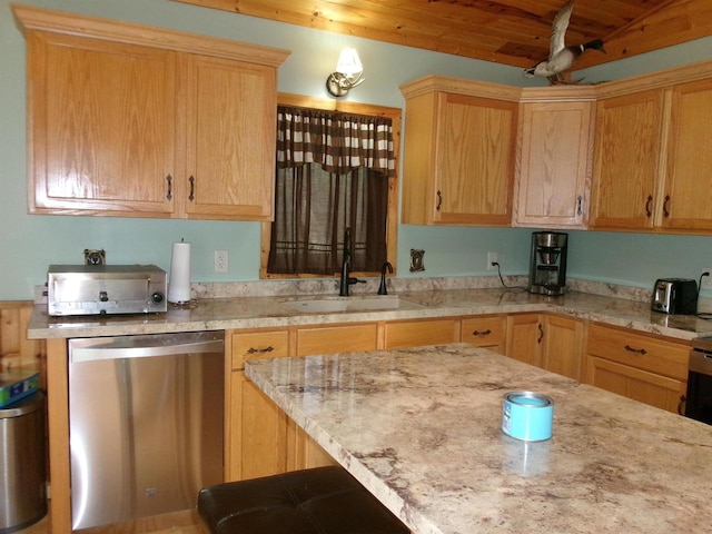 kitchen with wood ceiling, stainless steel dishwasher, sink, and light stone countertops