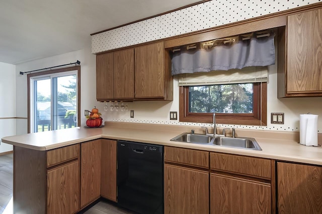 kitchen featuring black dishwasher, kitchen peninsula, and sink