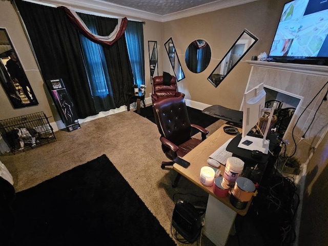 carpeted office with crown molding and a high end fireplace