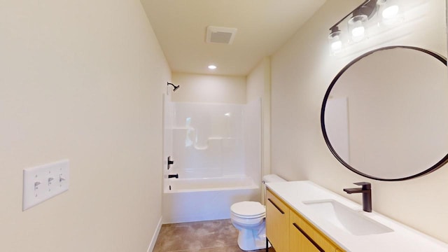 full bathroom featuring bathing tub / shower combination, visible vents, toilet, vanity, and tile patterned floors