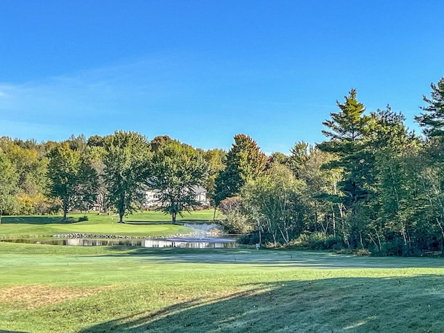 surrounding community with a water view and a lawn