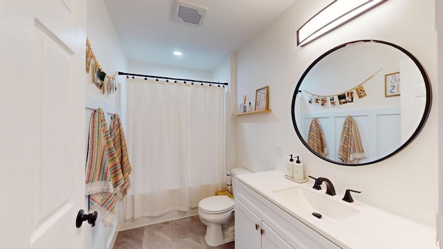 full bathroom with vanity, toilet, and shower / bathtub combination with curtain