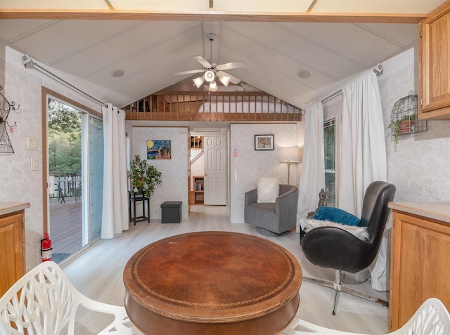 114 Arbor Dr, Wisconsin Dells, WI 53965 - living room featuring lofted ceiling and ceiling fan