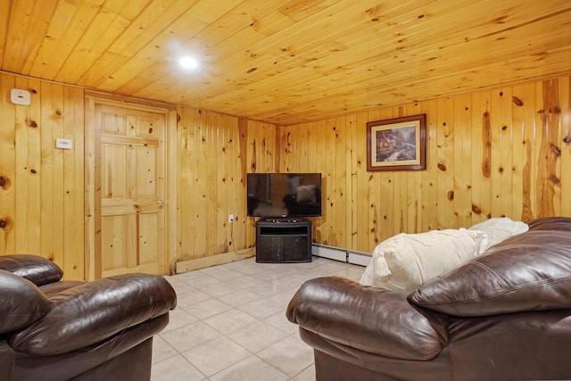 tiled living room with a baseboard radiator, wooden walls, and wood ceiling