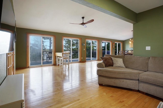 living room with a healthy amount of sunlight, light hardwood / wood-style floors, and ceiling fan with notable chandelier