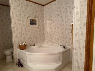 bathroom with crown molding, toilet, and a tub