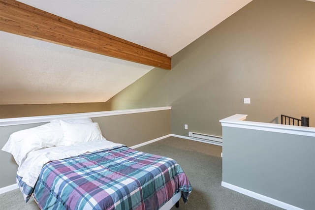 carpeted bedroom featuring a textured ceiling, vaulted ceiling with beams, and a baseboard radiator