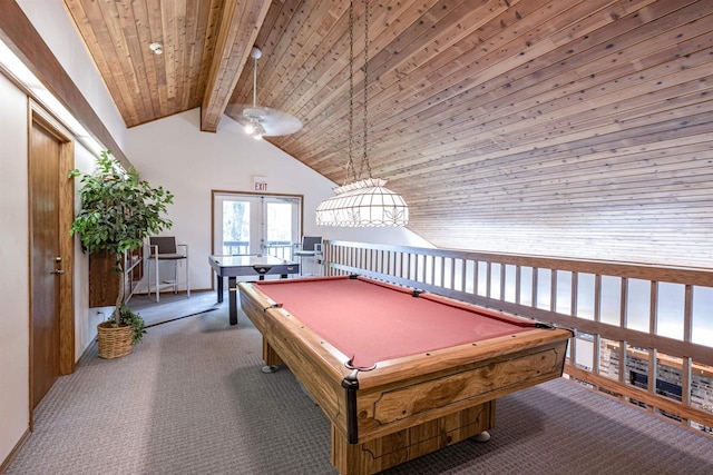 recreation room featuring beamed ceiling, wooden ceiling, french doors, pool table, and carpet