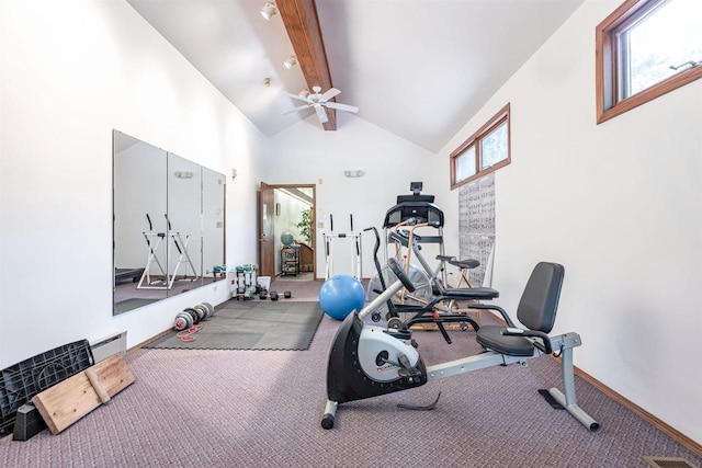 workout room featuring light carpet, ceiling fan, high vaulted ceiling, and a healthy amount of sunlight