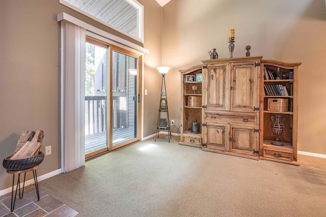 sitting room featuring carpet floors and a high ceiling