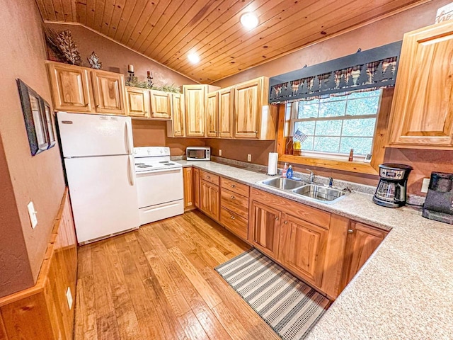 kitchen featuring wood ceiling, white appliances, vaulted ceiling, and sink